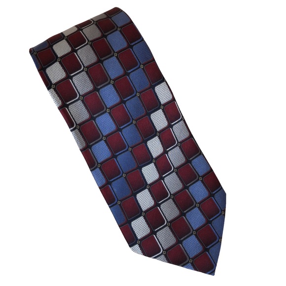 Kilburne & Finch Fine Clothiers Geometry Design Burgundy, Blue, Black Silk Tie - Picture 1 of 9